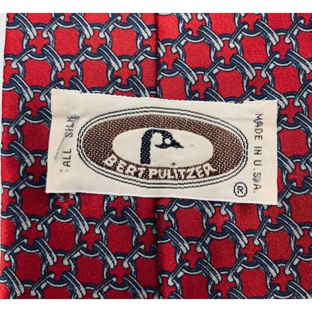 Vtg 80s Bert Pulitzer Silk Neck Tie Dark Red Chain Link Print Equestrian Classic